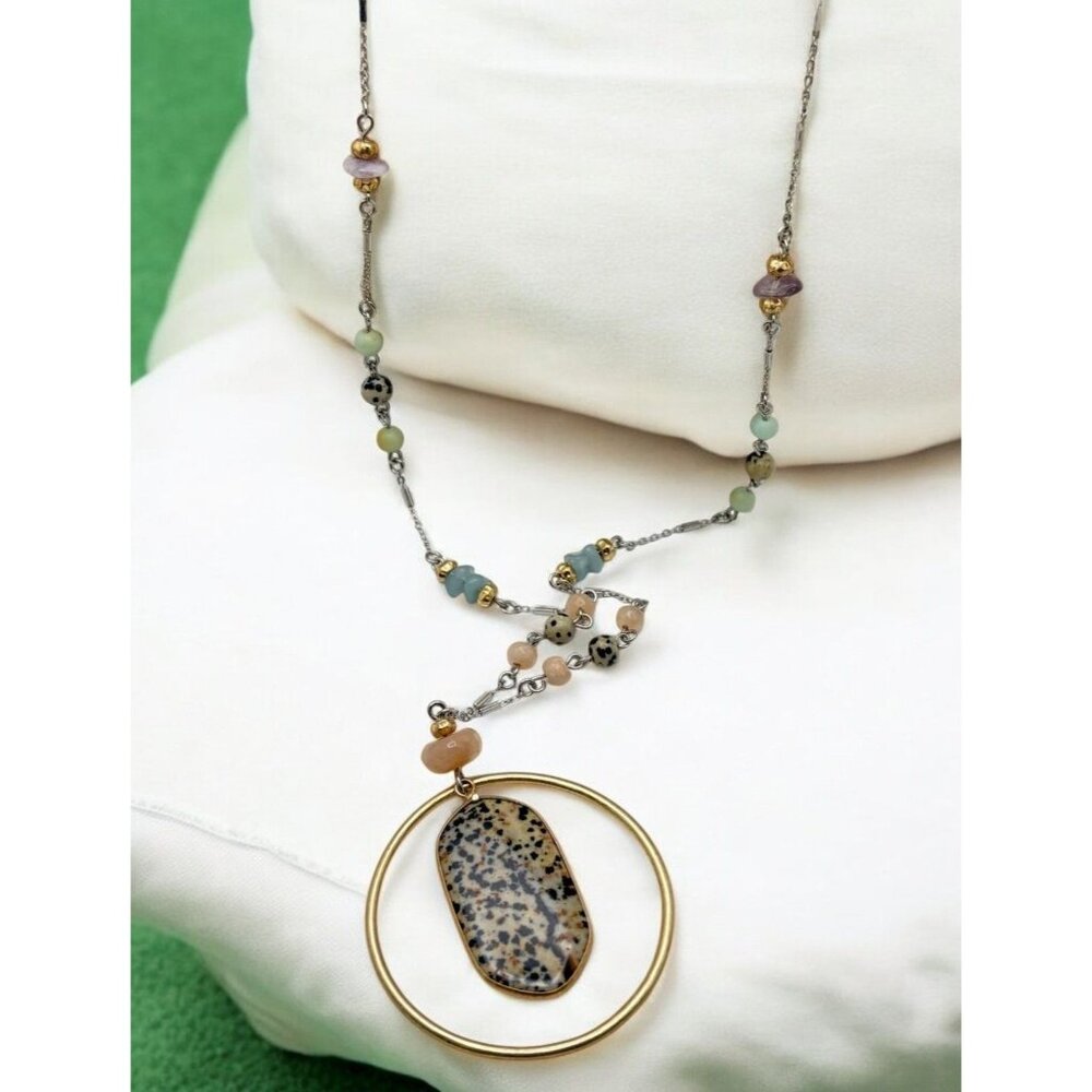Vtg Beaded Statement Necklace Silver Tone Chain Pastel Beads Gold Tone Pendant